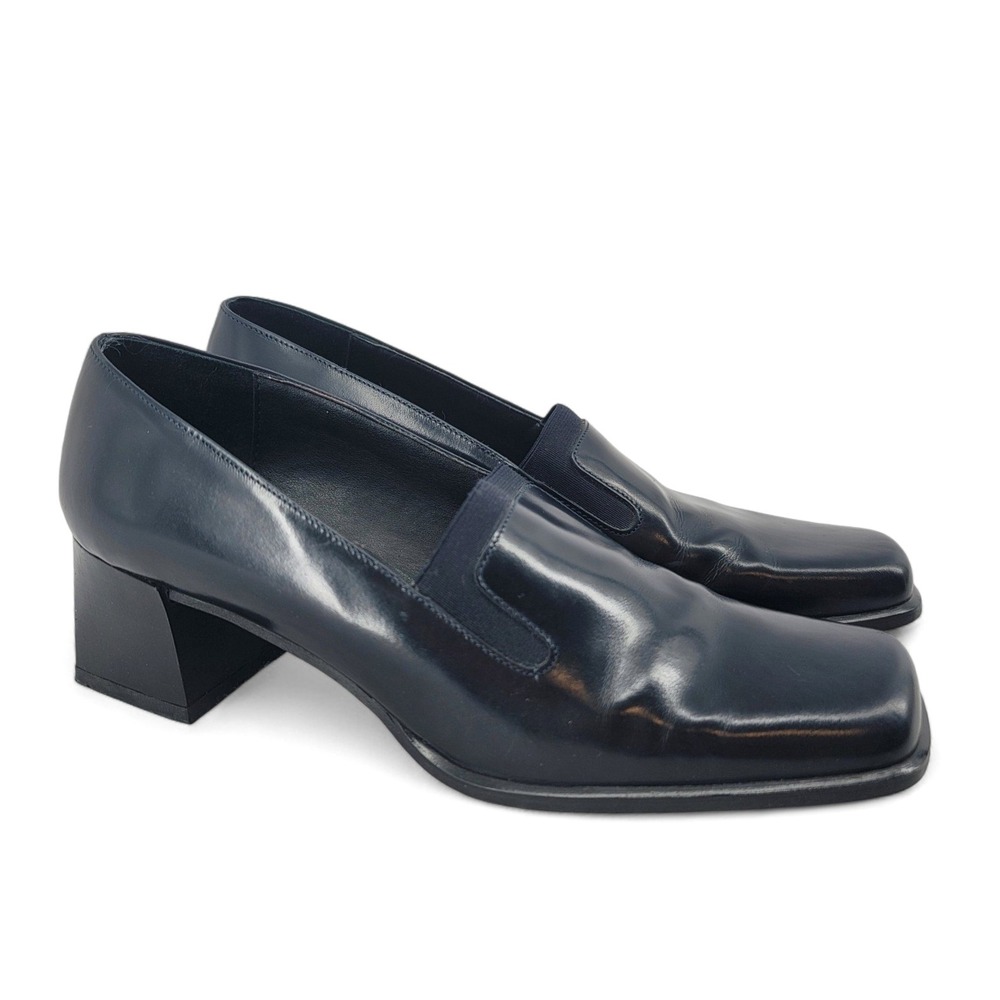 Sesto Meucci Navy Leather Block Heel Loafers 8M‎ Italy Square Toe Shoes EUC - Picture 3 of 6
